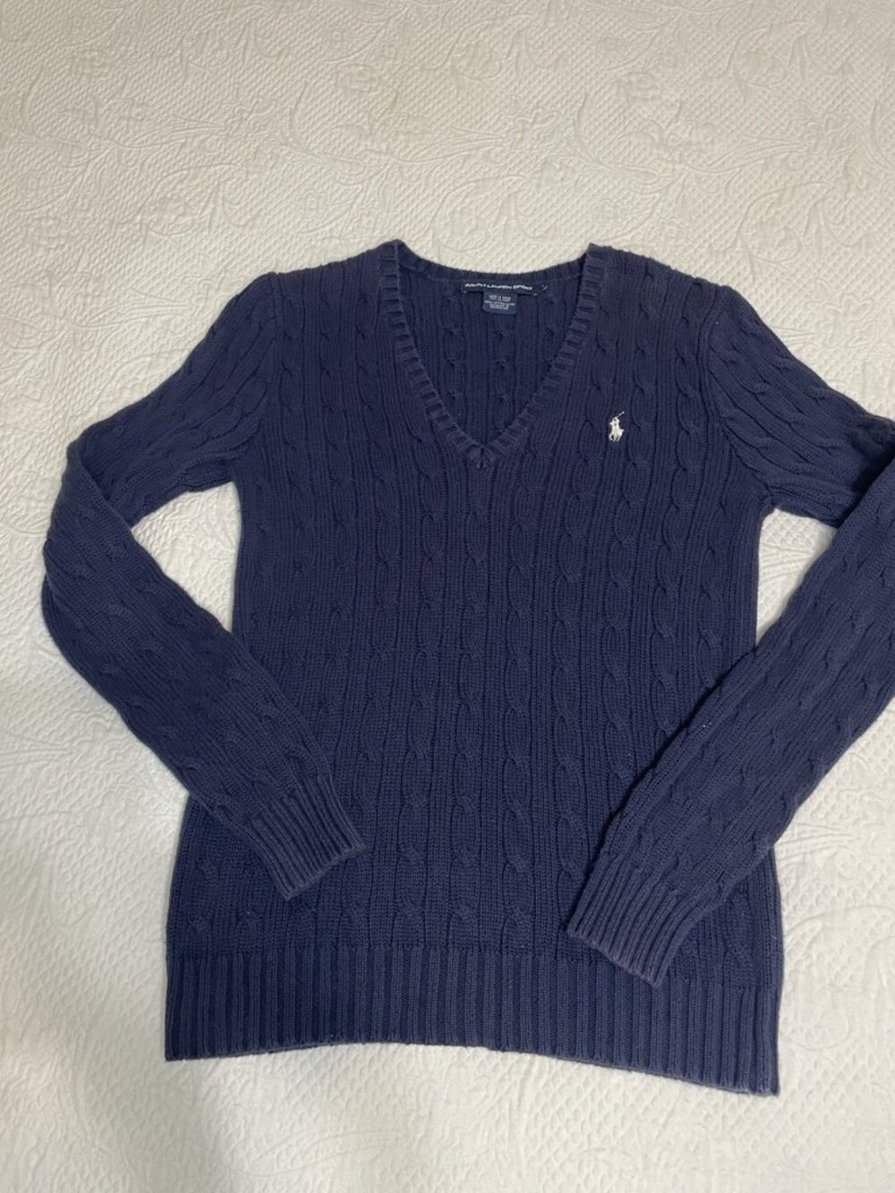 Ralph Lauren Sport Sweater Womens Lg Navy Blue Cable Knit V Neck Embroidered